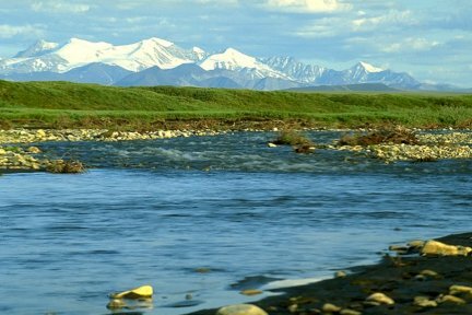 river, tundra and mountains